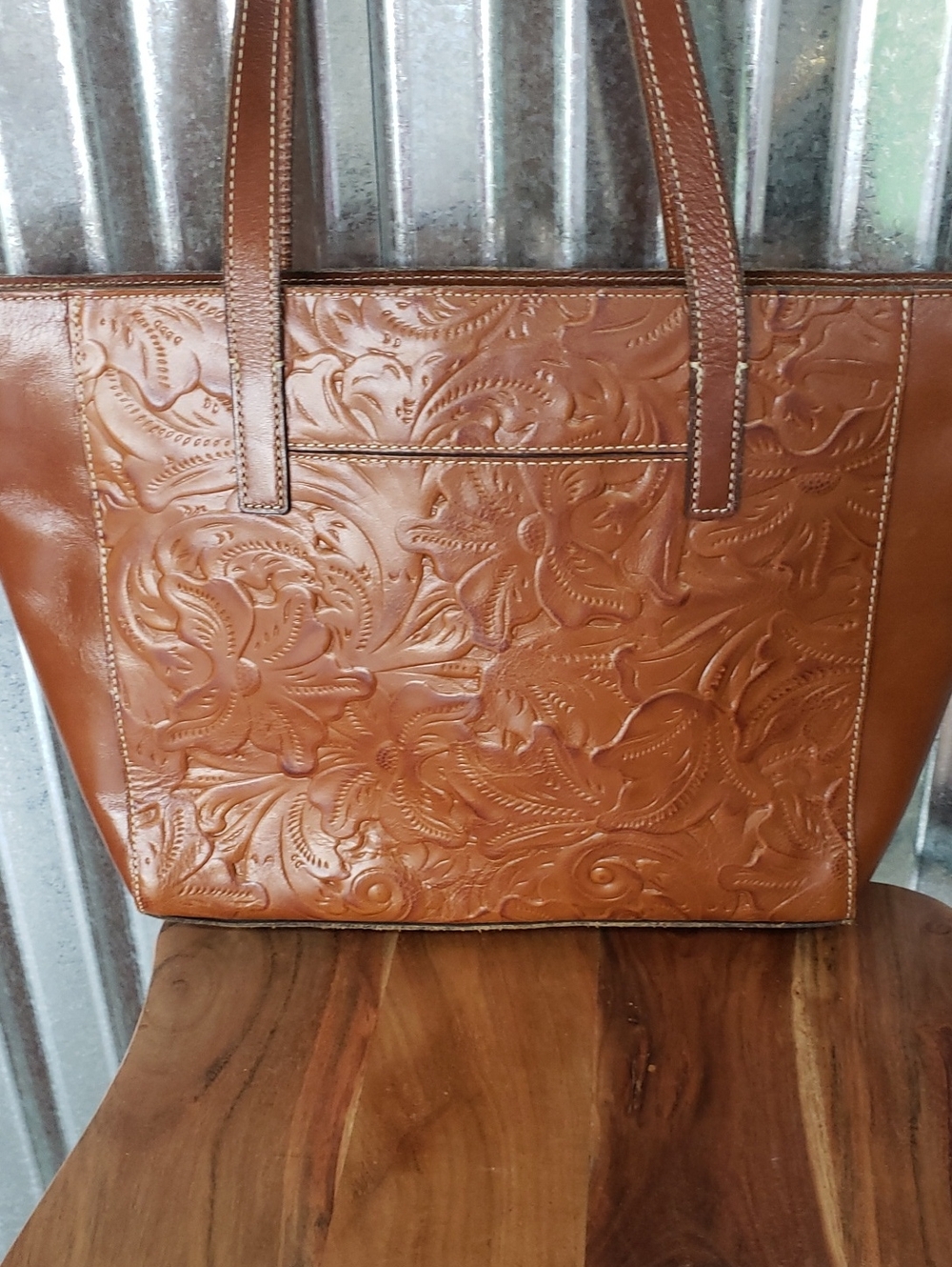 Leather Tooled Tote Bag - Brown